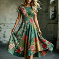 Women's Retro Bohemian Rose Irregular Casual Round Neck Dress