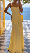 Yellow Square Neck Ruched Maxi Chiffon Gown