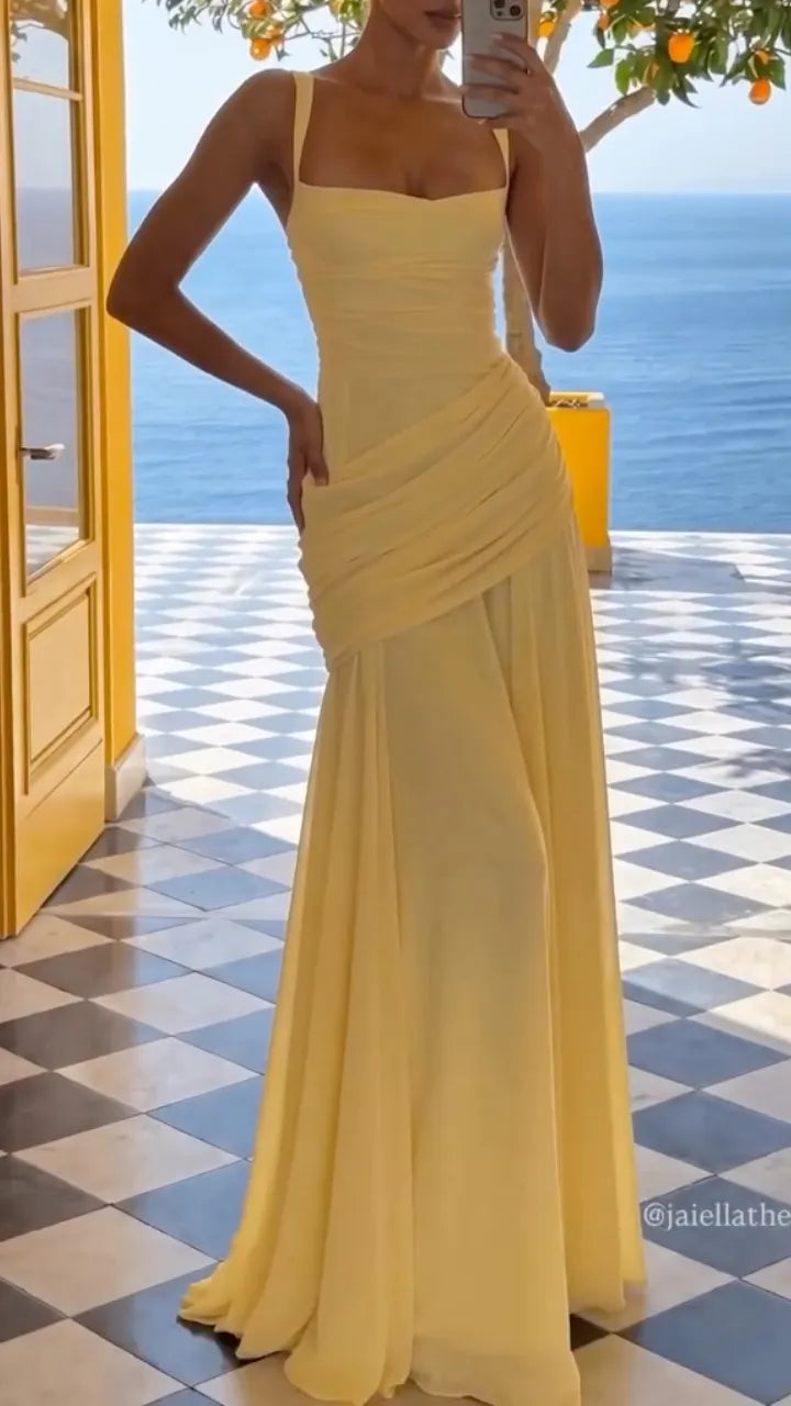 Yellow Square Neck Ruched Maxi Chiffon Gown