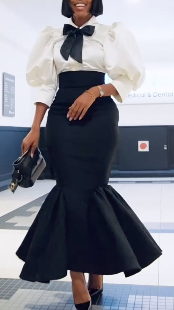 Black & White Bow Blouse + Mermaid Skirt Set