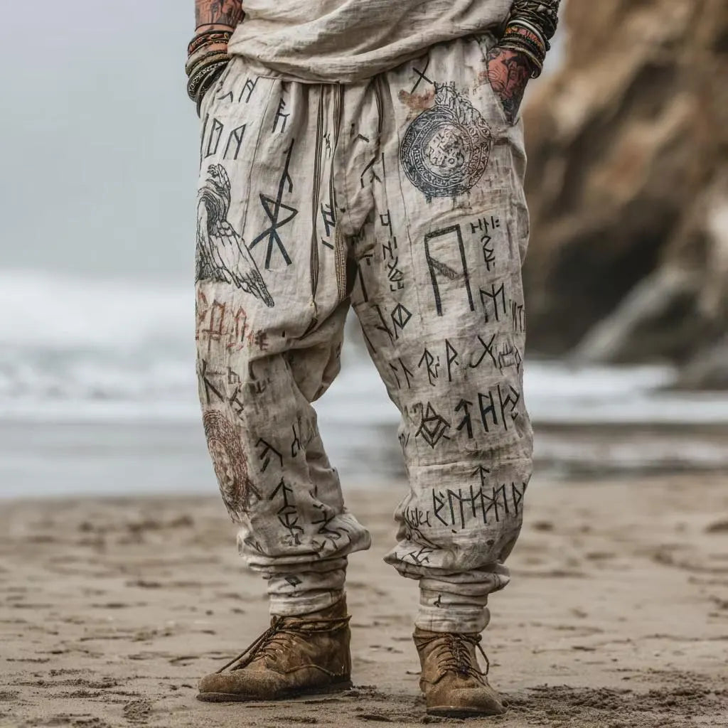Men Boho Rune Graphic Linen Harem Pants