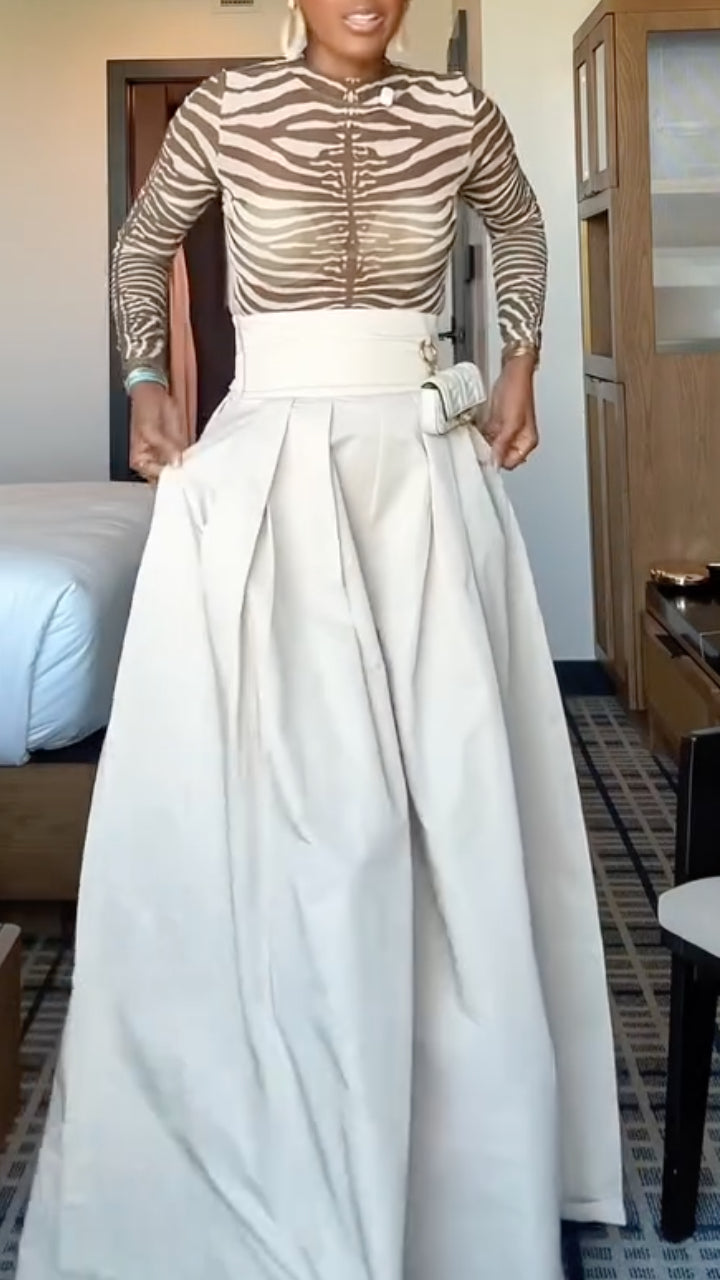 Zebra Print Mesh Top And White Wide Leg Pants Set