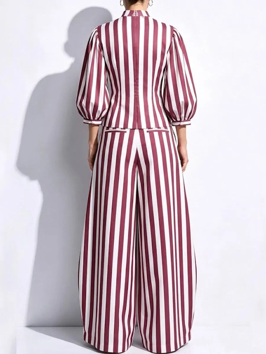 Vintage-style Burgundy And White Striped Cotton-linen Two-piece Set