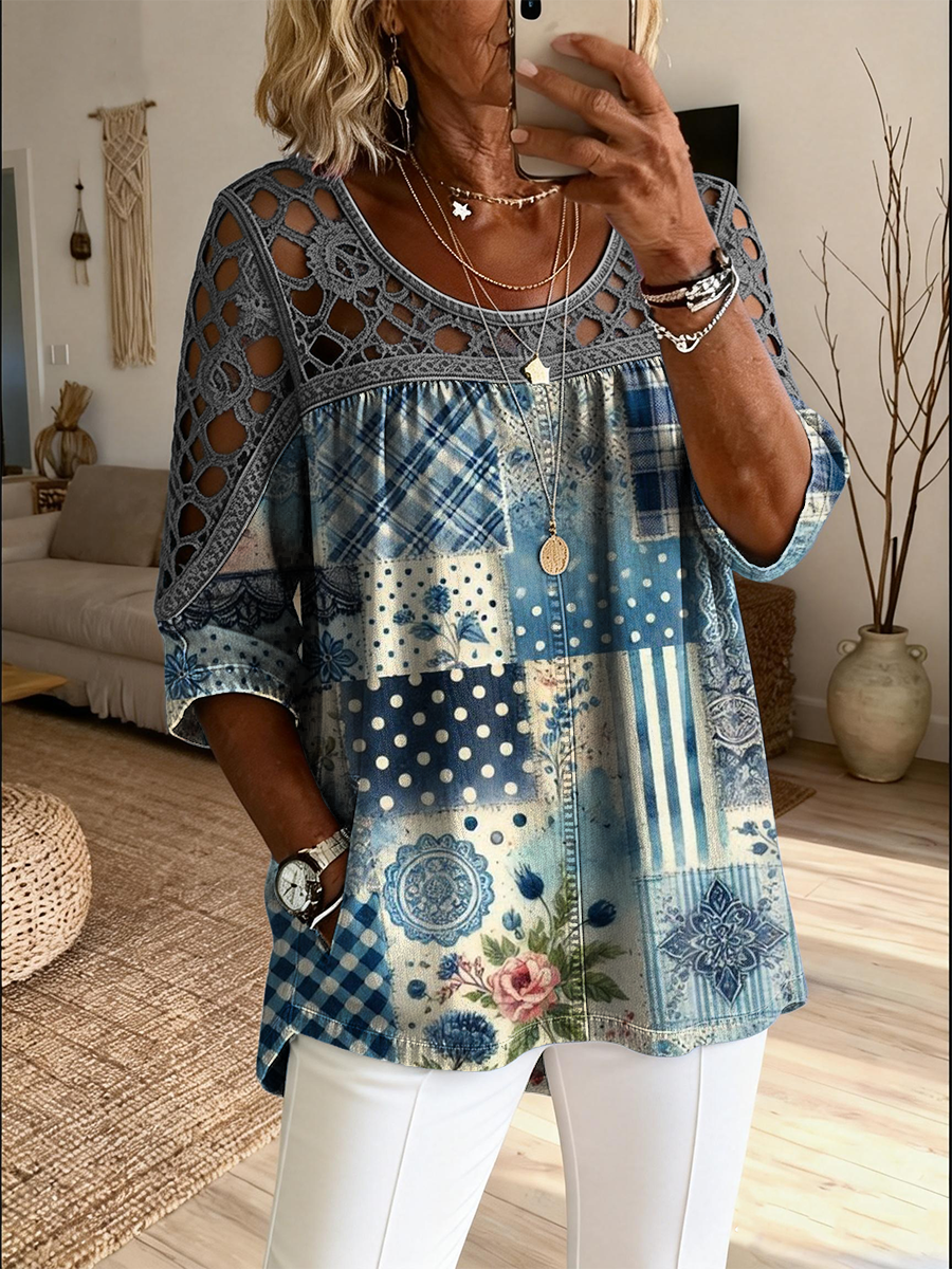 Women's Retro Ethnic Art Print Casual Three-quarter Sleeve Round Neck Hollow-out Top