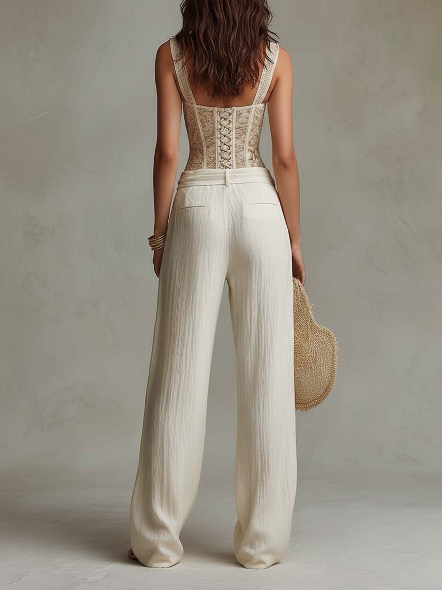 Bohemian Lace Bodycon Vest And Cotton Wide-Leg Pants Two-Piece Set