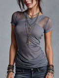 Gray Double-Layer Mesh Ruched Fitted Top