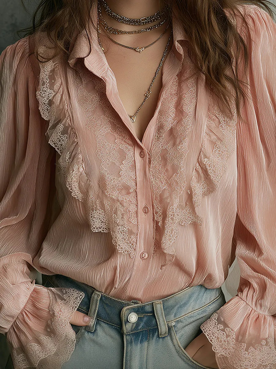 Quietly Luxurious Pleated Chiffon Lace Trumpet Sleeves Blouse