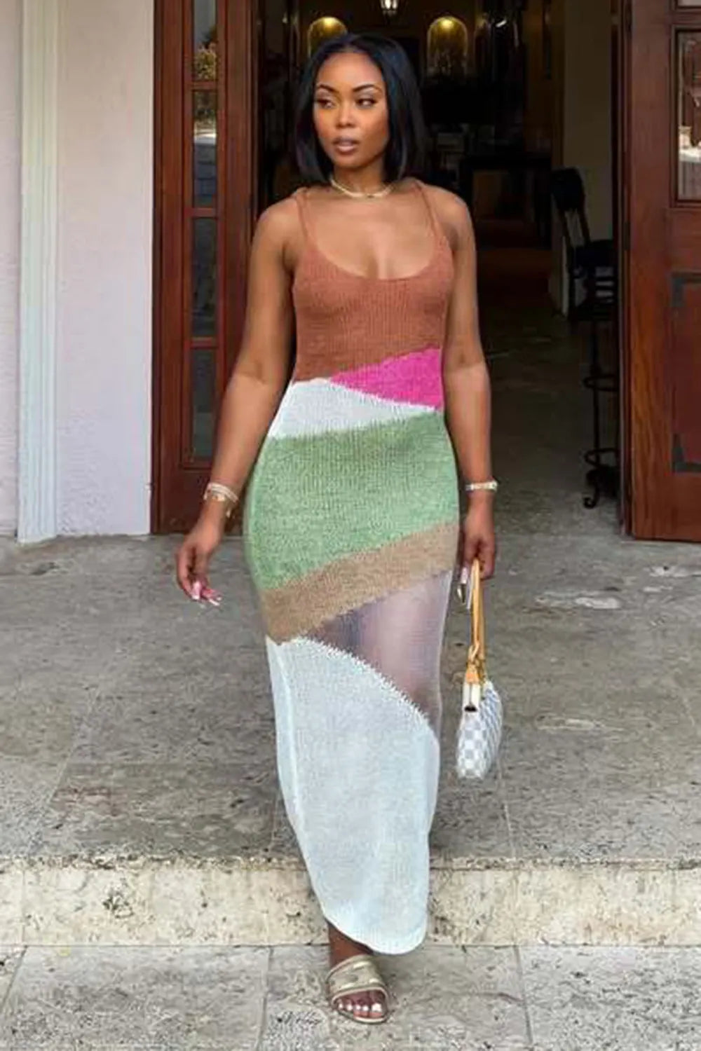 Scoop Neck Cami Colorblock Ribbed Knit Slim Vacation Maxi Dresses-Multicolor
