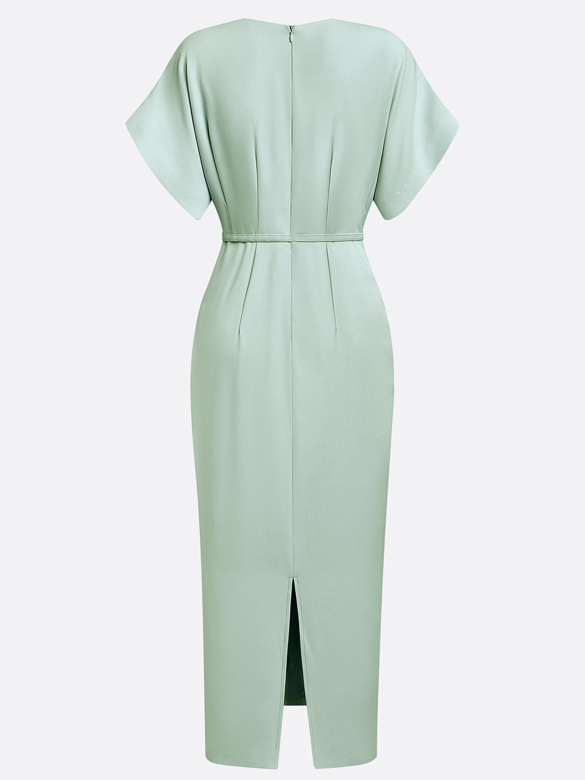 Light Green Slit Classic V Neck Cap Sleeve Dolman Sleeve Sheath Midi Dress