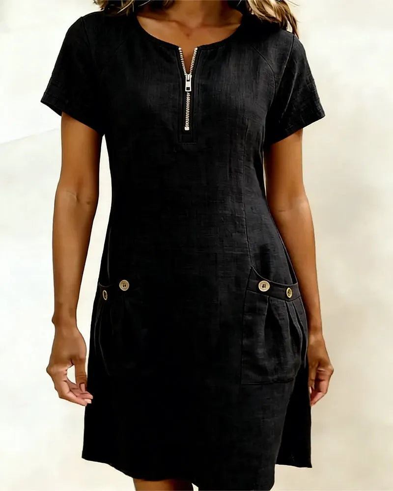 Zipper Pocket Cotton Linen Dress