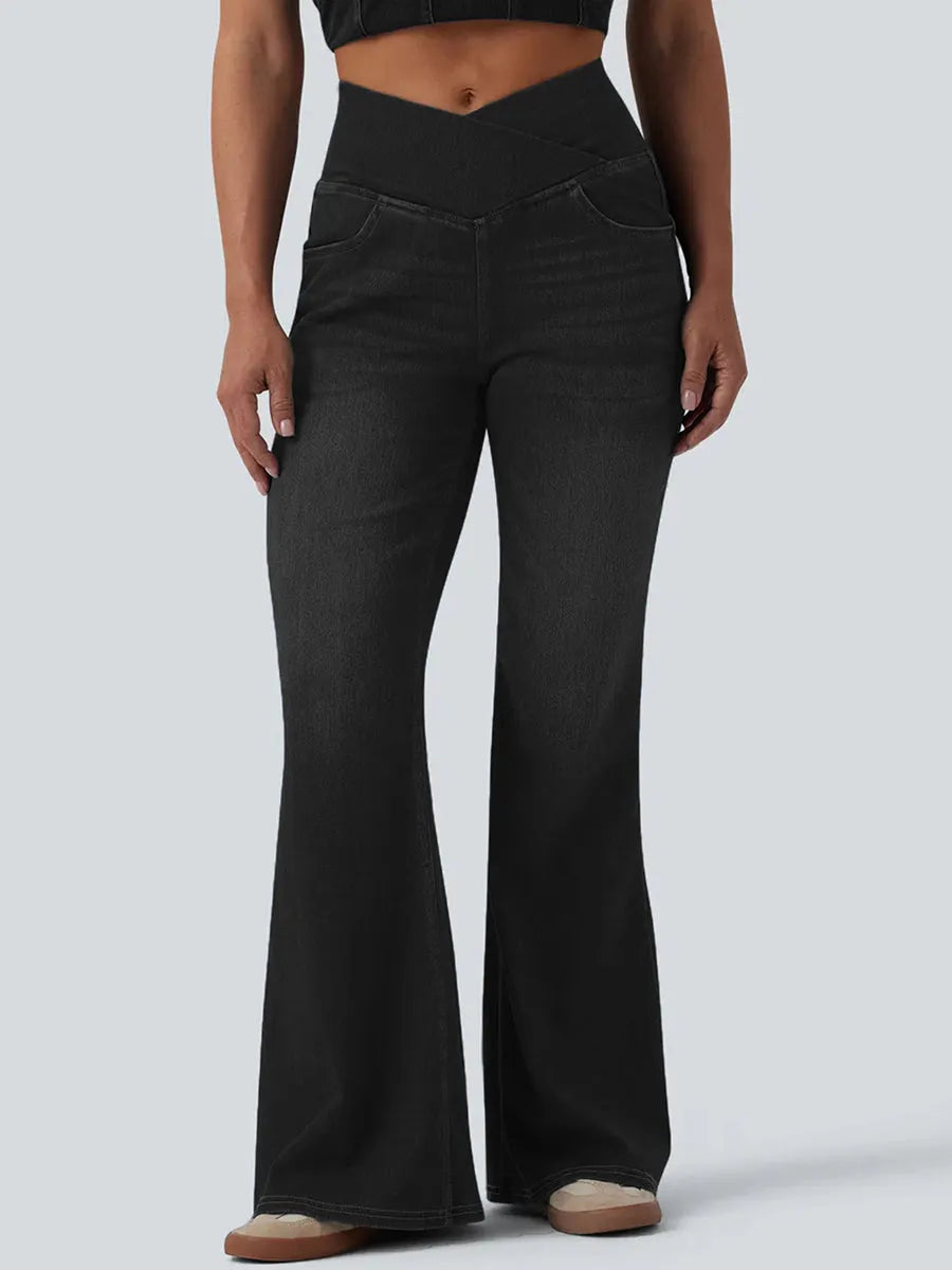 Trendy Crossover Waist High Stretch Flared Jeans
