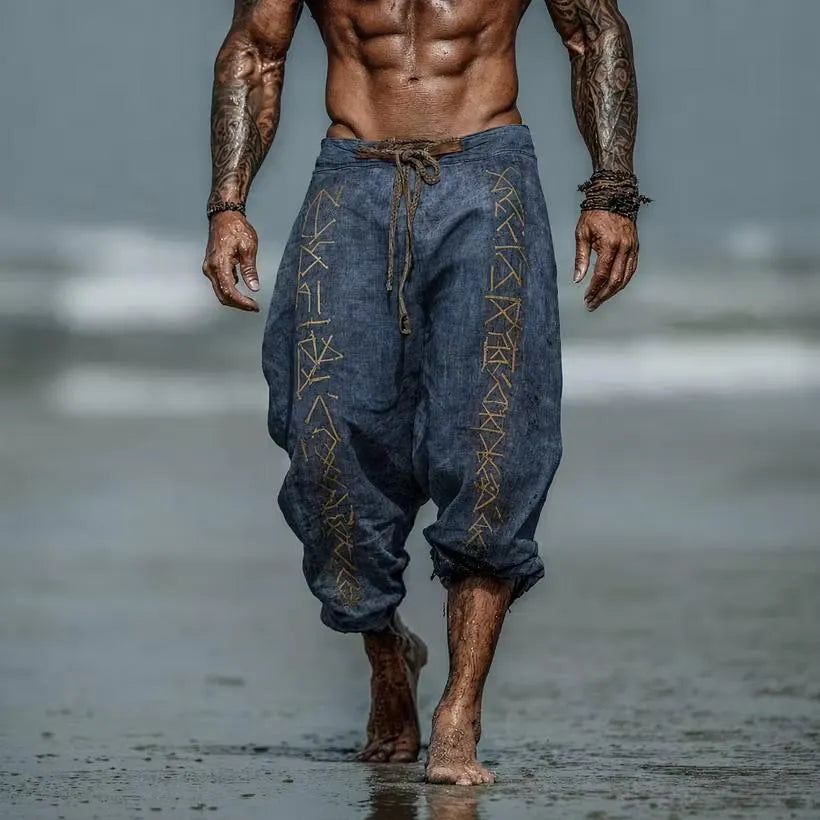 Men Viking Rune Linen Harem Pants