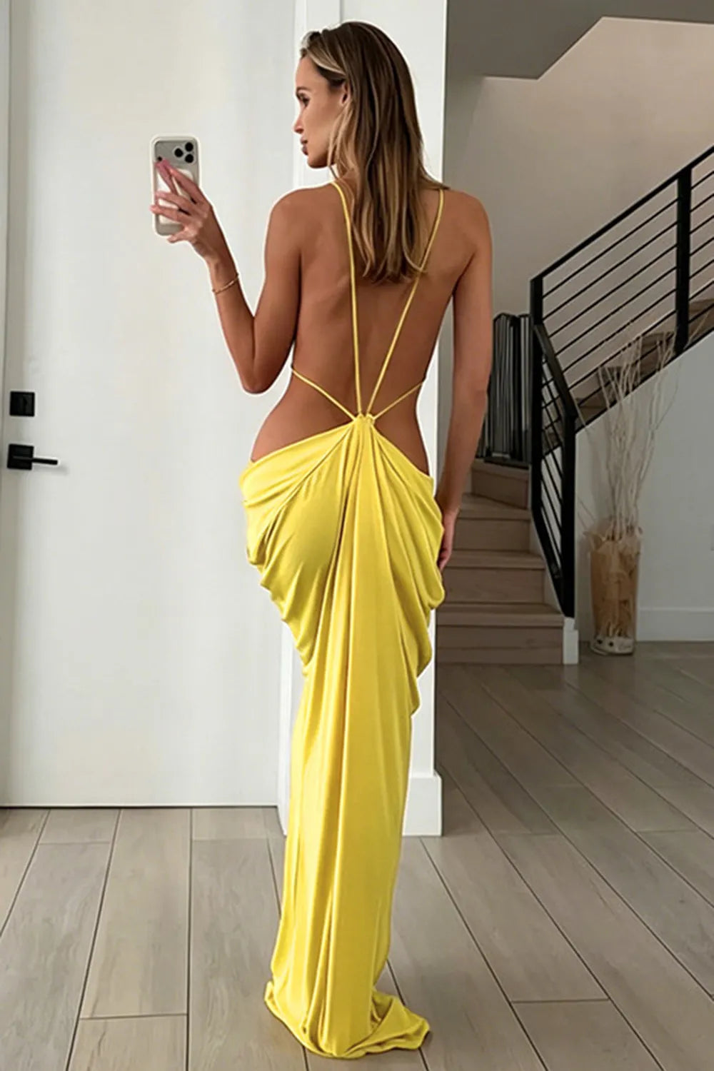 Cami Neck Backless Waist Cut Out Solid Color Slim Party Maxi Dresses-Green