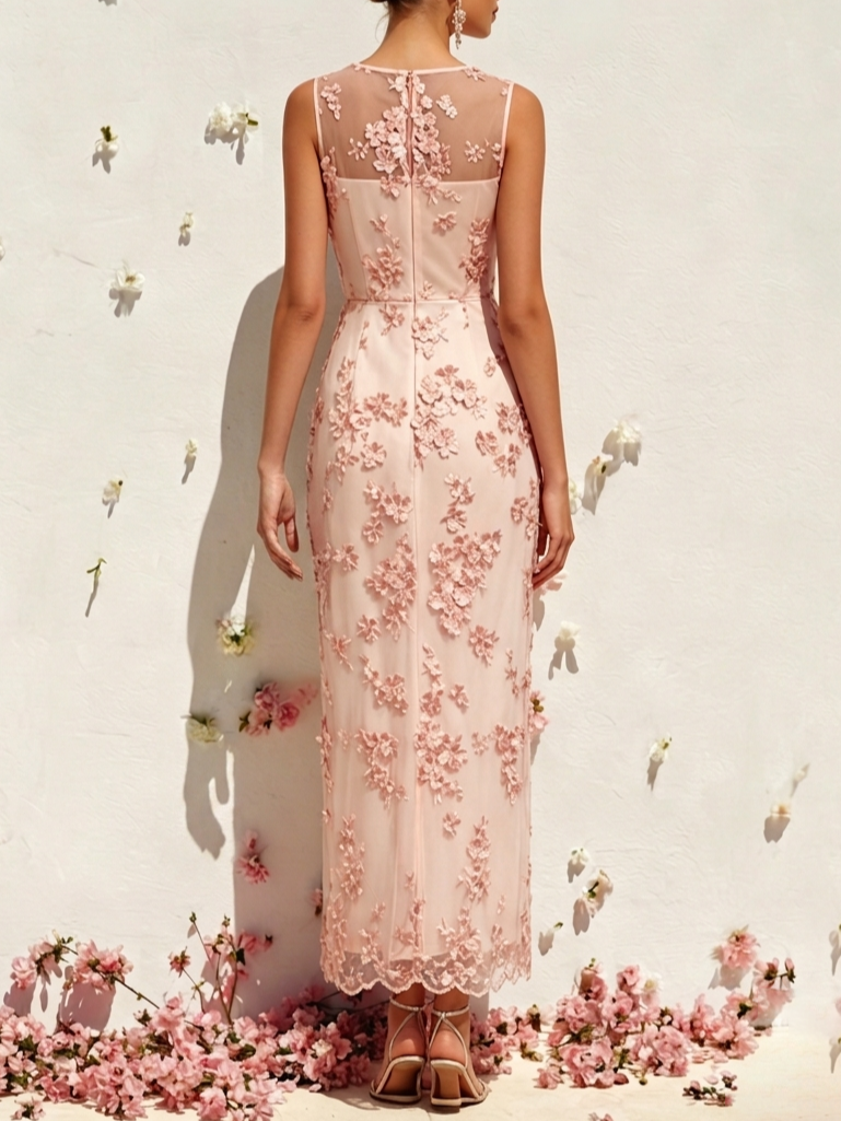 Pink Lace Embroidery Applique Crew Neck Sleeveless Sheath Maxi Dress