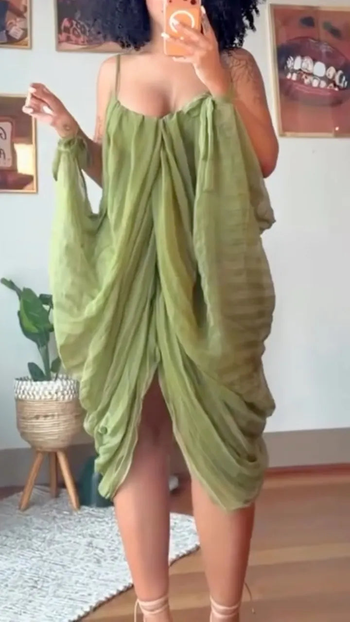 Green Draped Spaghetti Strap Midi Dress