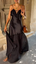 Black Satin Lace‑Up Maxi Slip Dress