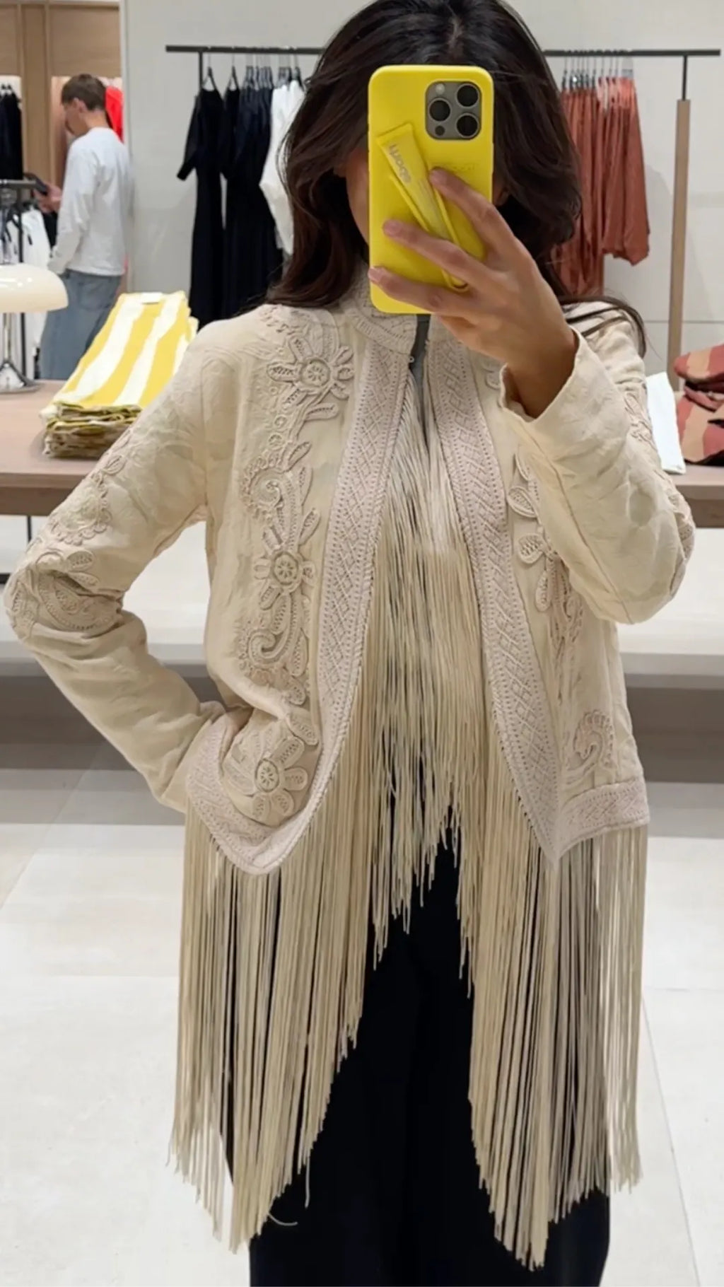 Cream Floral Embroidered Fringe Boho Jacket