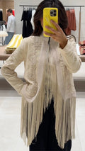 Cream Floral Embroidered Fringe Boho Jacket