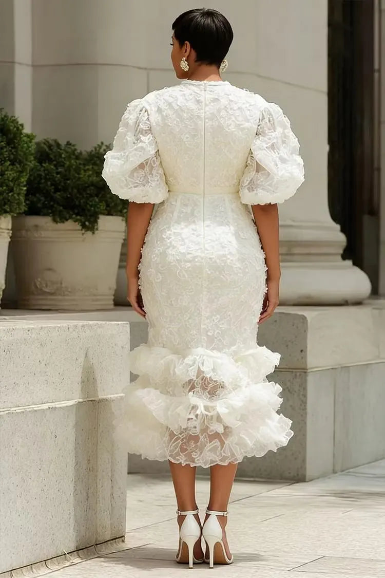 White Lace Puff‑Sleeve Midi Dress