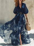 Women's Elegant Vacation Style V-neck Large Skirt Floral Print Dress