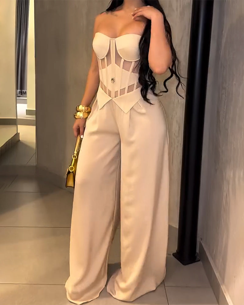 Strapless Mesh Cutout Corset Wide-Leg Jumpsuit