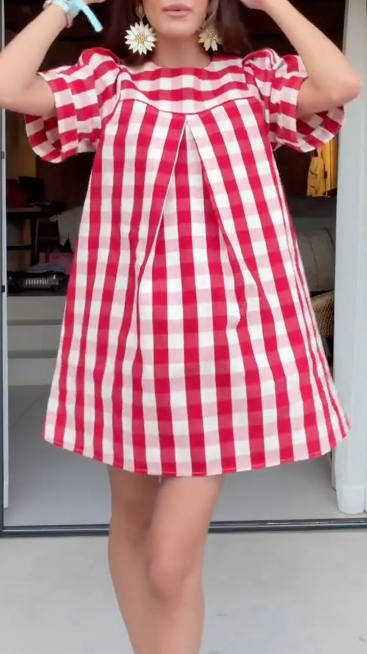Red White Gingham Puff Sleeve Mini Shift Dress