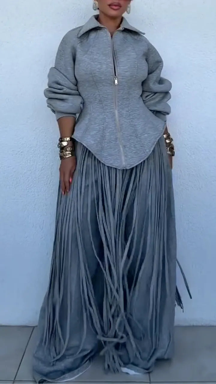 Grey Zip Corset Top With Long Fringe Wide Leg Pants Set