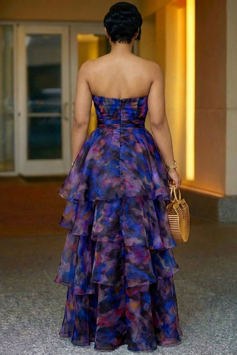 Strapless Cinch Waist Layered Ruffles Party Maxi Dresses-Purple