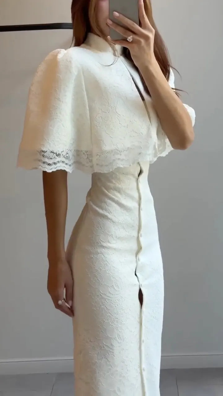 Cape-Overlay Lace Column Dress