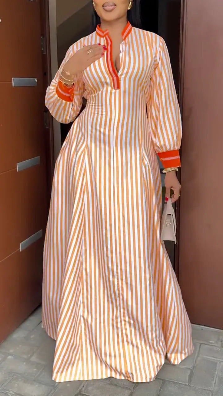 Stripe Stand Collar Long Maxi Kaftan Dress