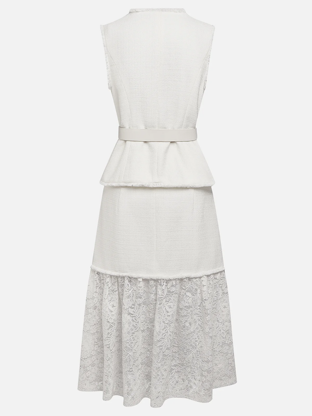 Women White Buckle Lace Crew Neck Tweed Sleeveless Dressy Top With Skirt Two-Piece Set