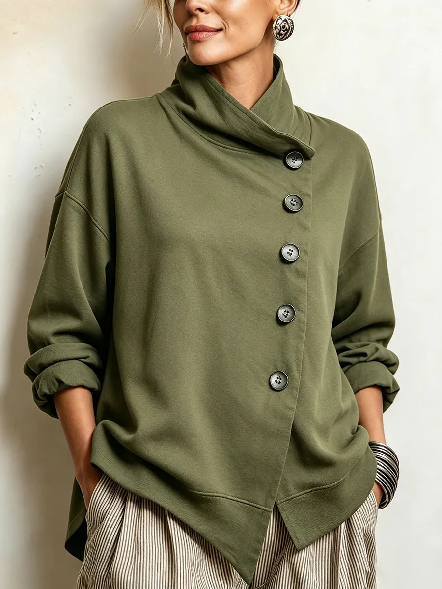 Chic High Funnel Neck Asymmetric Olive Sweatshirt