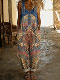 Vintage Medallion Carpet Print Denim Overalls