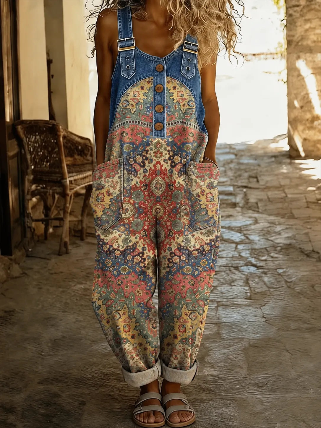 Vintage Medallion Carpet Print Denim Overalls