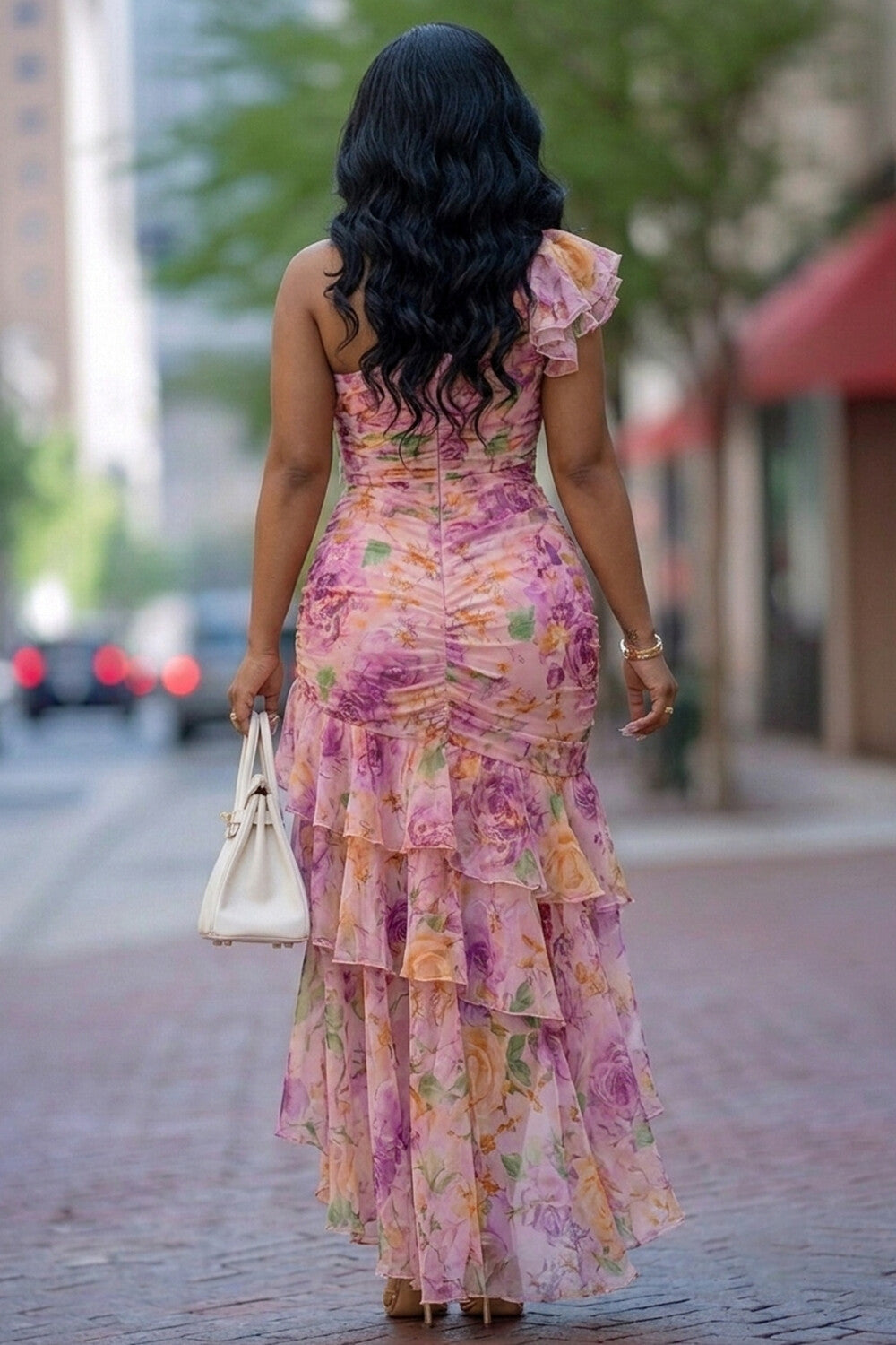 Floral One Shoulder Irregular Ruffle Hem Midi Dresses-Purple [Pre Order]