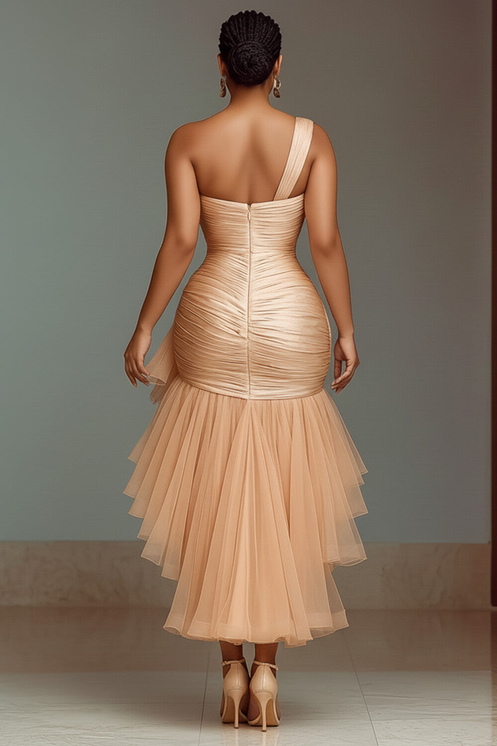 One Shoulder Mesh Ruffle Party Maxi Mullet Dresses-Champagne