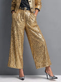 Chic Gold Sequin Sparkle Wide-Leg Trousers