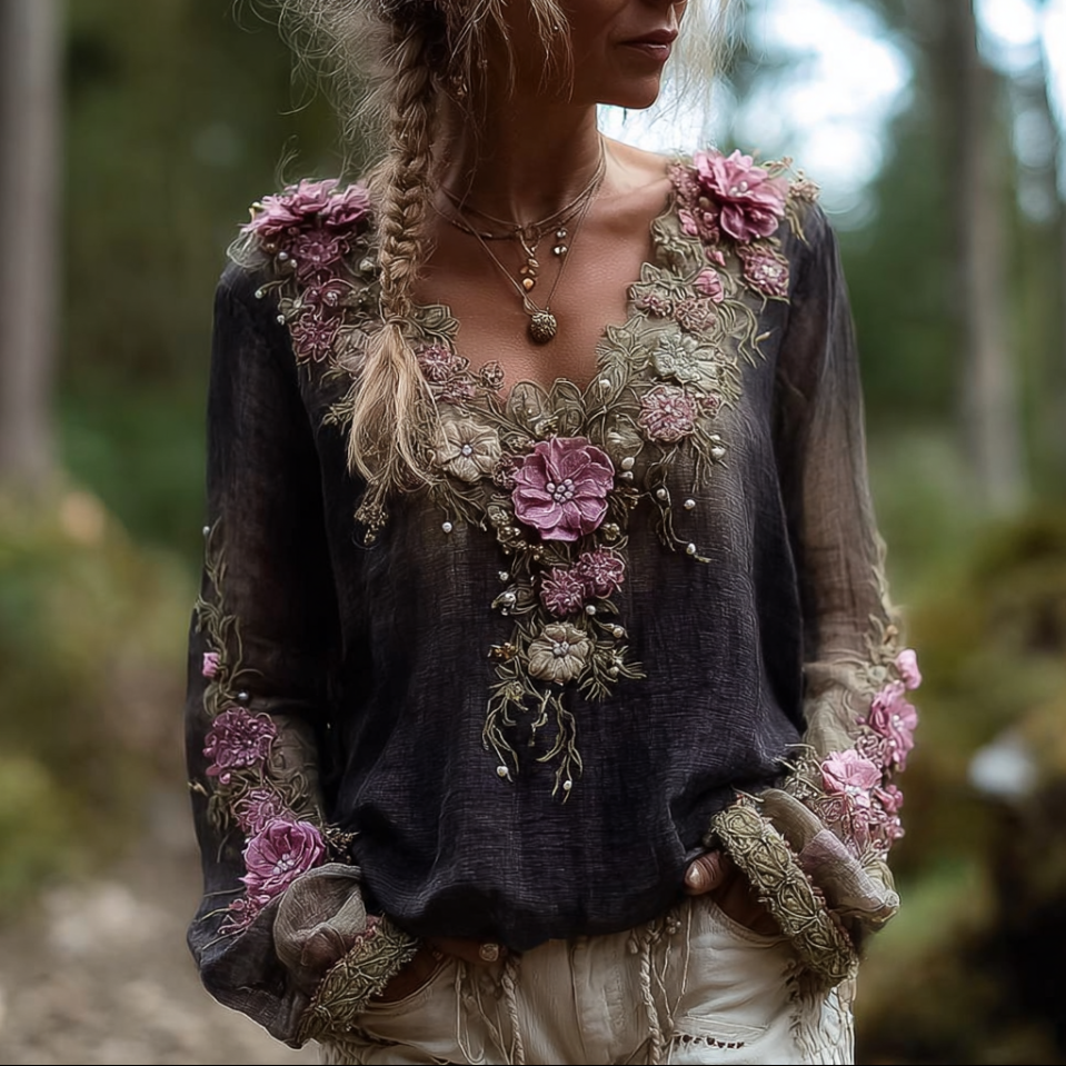 Bohemian Style Round Neck Long Sleeve 3d Purple Flower Design Cotton And Linen Top For Women