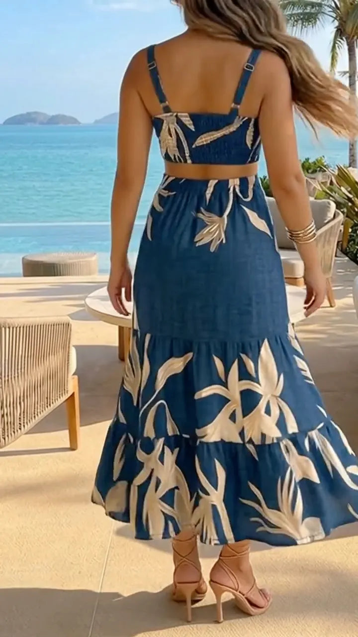Blue Tropical Print Square Neck Midi Dress