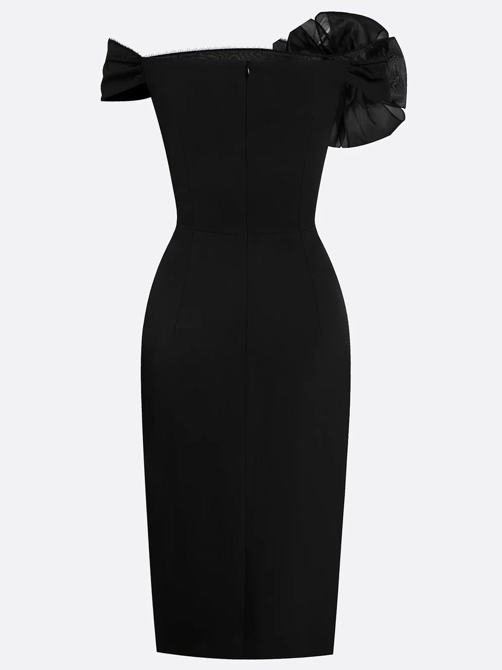 Black 3D Floral Beaded Classic Off The Shoulder Short Sleeve Sheath Midi Dress