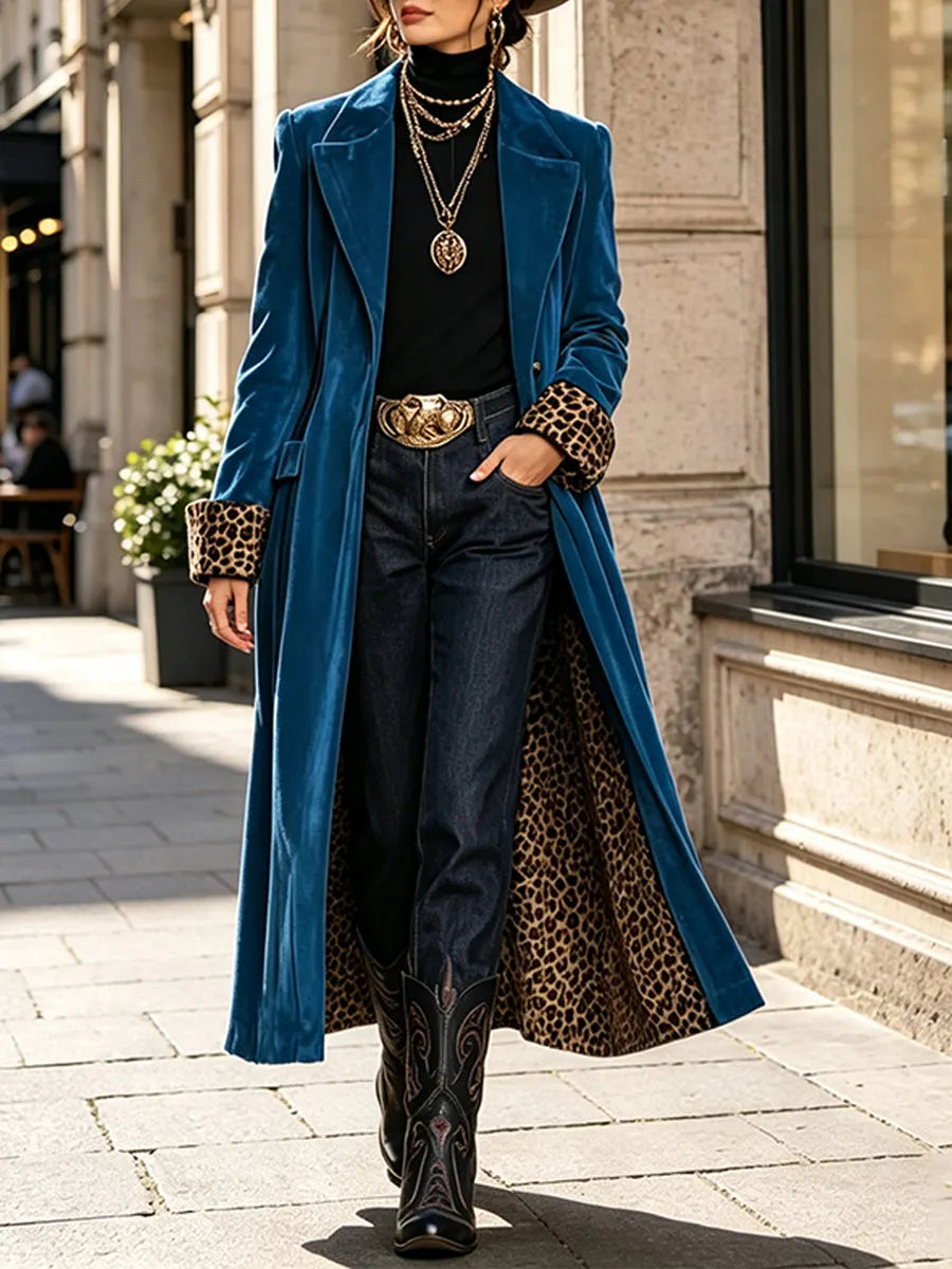 Glamorous Oversized Paneled Leopard-print Long Velvet Coat