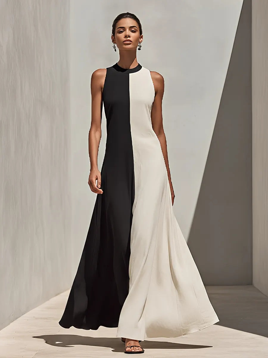 Women's Black & Ivory Color-Block Linen-Blend Maxi Dress With High Neck Sleeveless Cut & Flowy A-Line Skirt, Minimalist Elegant Evening Dress MDZ1609F5LYL