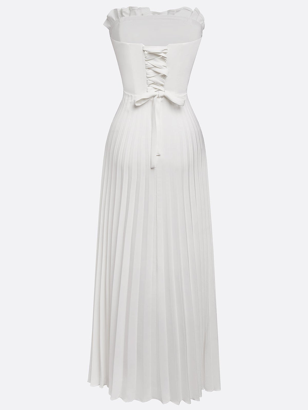 White Pleated Satin Strapless Sleeveless A-Line Maxi Dress