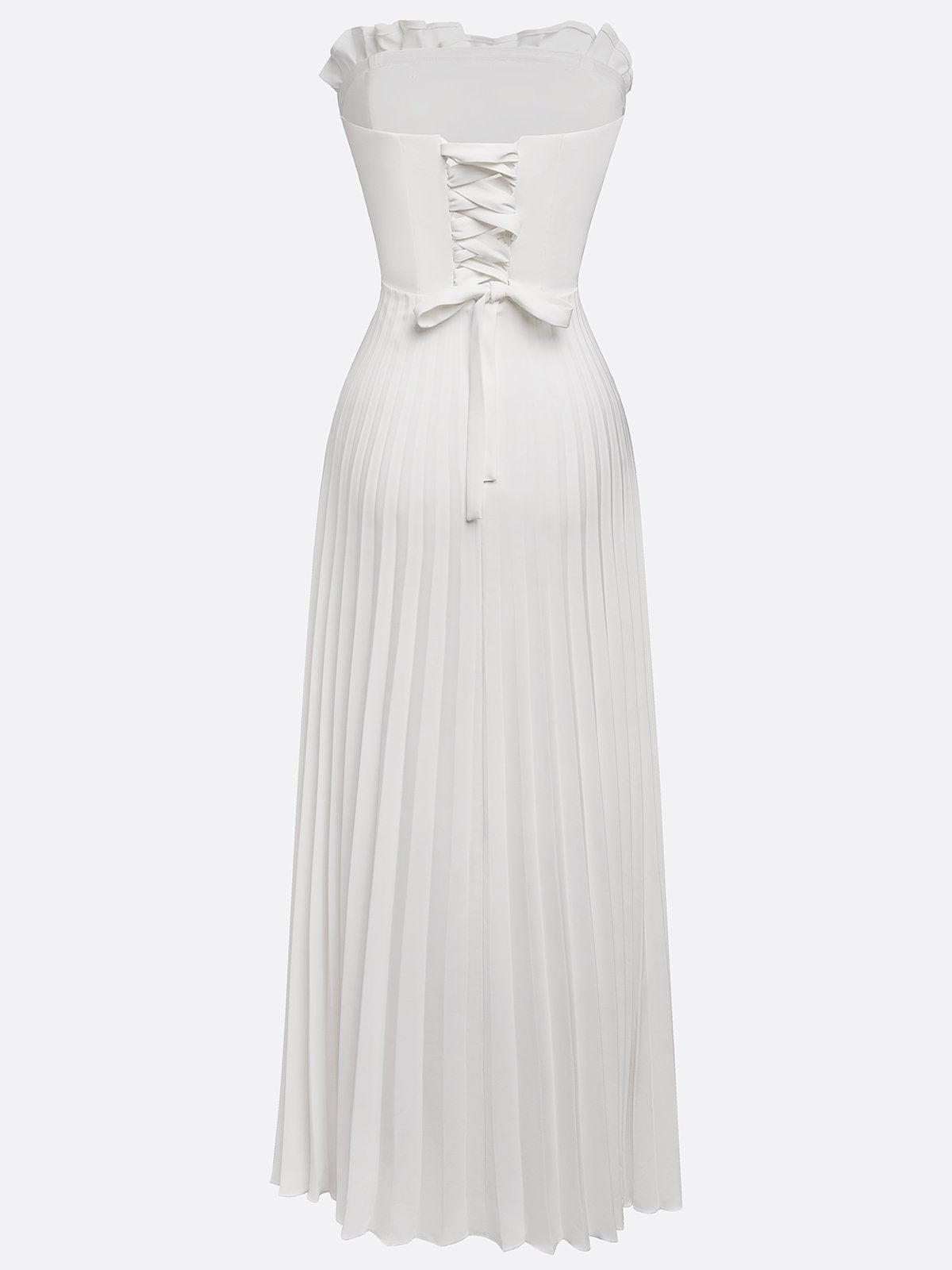 White Pleated Satin Strapless Sleeveless A-Line Maxi Dress