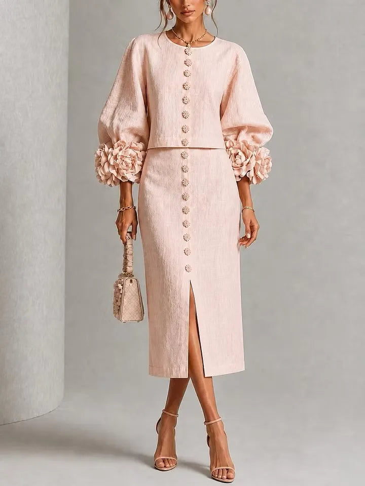 Blush 3D Floral Button Midi Two‑Piece Set