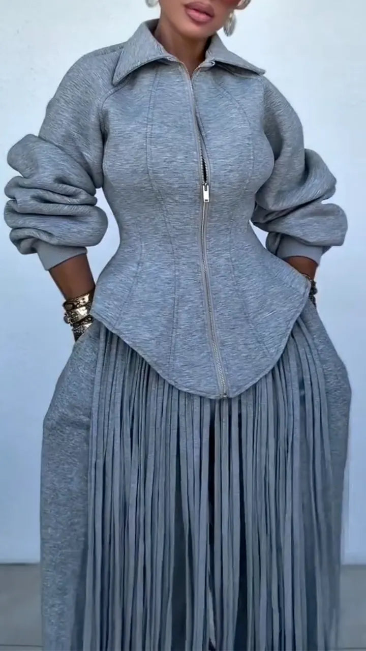 Grey Zip Corset Top With Long Fringe Wide Leg Pants Set