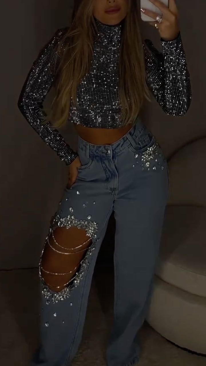 Rhinestone  Crop Top & Rhinestone Jeans