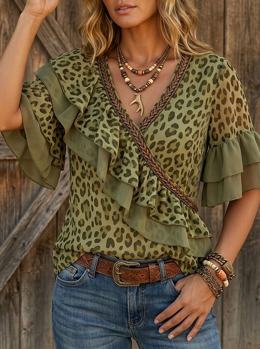 Vintage Leopard Print Casual Patchwork Ruffle Shirt