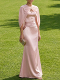 Pink Buckle Satin Strapless Cap Sleeve A-Line Floor-length Gown Dress