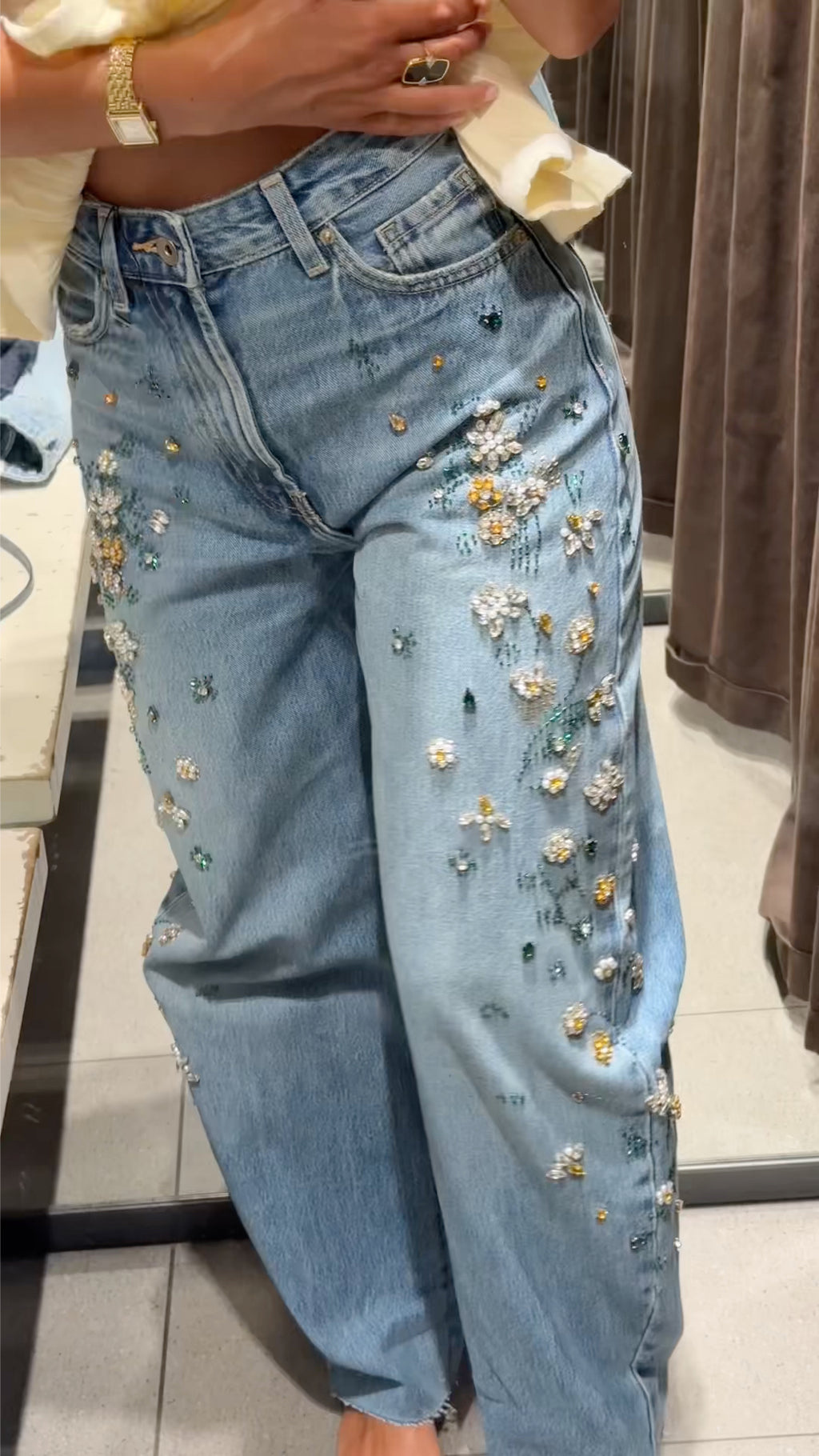 Floral Beaded Rhinestone Straight Leg Jeans